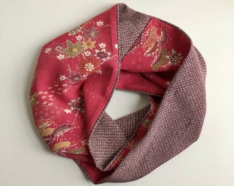 Kimono Scarf Twisted Infinity Scarf Vintage Japanese Silk Snood Mother's Day Gift Maple Leaf & Pine on Dark Pink Komon + Purple Kanoko Silk