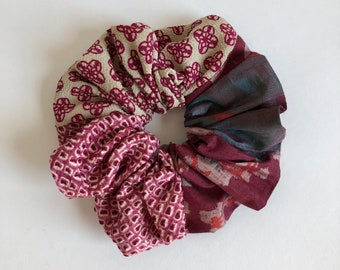 Kimono 3 Silk Scrunchie Medium or Large Sizes Gift for Women Boho Hair Tie Gray Burgundy Motif Silk, Pink Shibori + Burgundy Meisen Silk