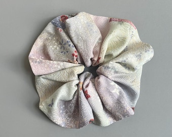 Kimono Silk Scrunchie: Hair Tie, Vintage Fabric, Fans and Butterflies on Pastel Silk, Gold Accents