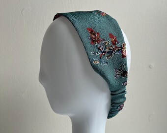 Kimono Silk Headband: Japanese Vintage Fabric, Elastic Back, Florals on Muted Teal Chirimen Silk