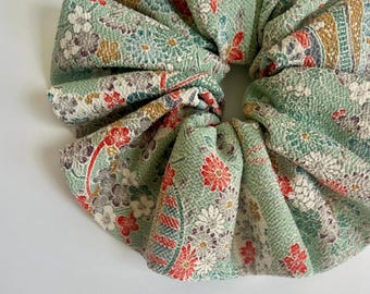 Kimono Silk Scrunchie: Hair Tie, Vintage Fabric, Florals and Houses on Pale Green Chirimen Silk