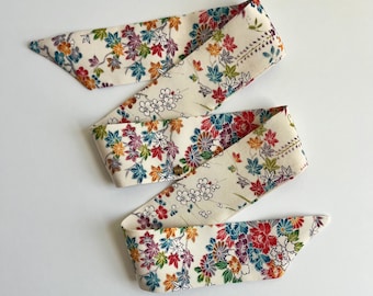 Kimono Scarf, Silk Skinny Scarf, Hair Tie, Headband, Purse Accessory, Gift for Her, Komon Colorful Florals on Cream Silk
