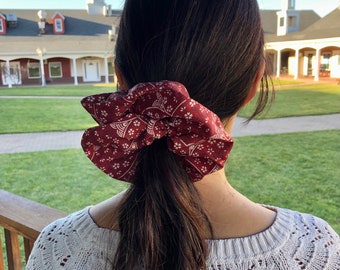 Kimono Scrunchie Skinny to Oversized Vintage Japanese Silk Handmade Gift for Women Red White Sakura Cherry Blossom Fan Silk