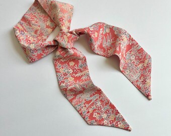 Kimono Scarf Silk Skinny Scarf Hair Tie Headband Purse Scarf Gift for Women Florals on Peach Pink Silk