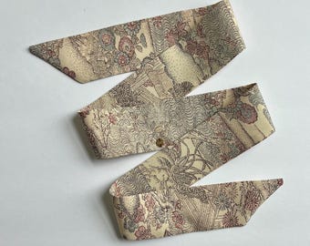 Kimono Silk Scarf: Floral Skinny Scarf, Hair Tie, Purse Accessory, Dotted Florals on Light Beige Silk