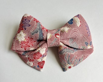 Kimono Bow Barrette Hair Clip Vintage Japanese Silk Flowers on Rosy Pink Chirimen Silk