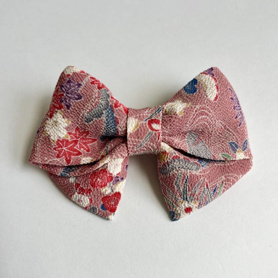 Kimono Bow Barrette Hair Clip Vintage Japanese Silk Flowers on Rosy Pink Chirimen Silk