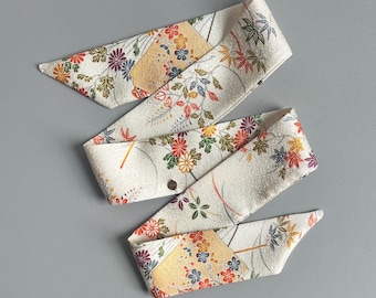 Kimono Silk Scarf: Floral Skinny Scarf, Hair Tie, Purse Accessory, Florals on Cream Shiny  Silk