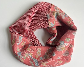 Vintage Japanese Silk Kimono Infinity Scarf: Twisted Snood Neck Warmer, Florals on Shark Pattern Komon Silk + Red Shibori