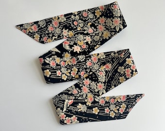Kimono Silk Scarf: Floral Skinny Scarf, Hair Tie, Purse Accessory, Florals and Birds on Black Silk