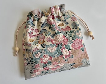 Kimono Pouch Small Essentials Drawstring Bag, Vintage Japanese Silk, Floral Silk