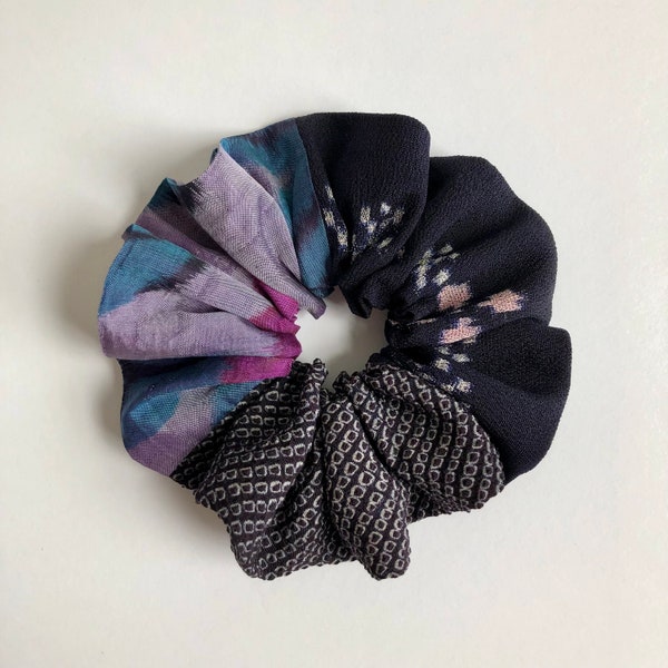 Kimono 3 Silk Scrunchie Medium or Large Size Gift for Her Boho Hair Tie Indigo Kasuri Silk Black White Shibori Teal Fuchsia Gray Meisen Silk