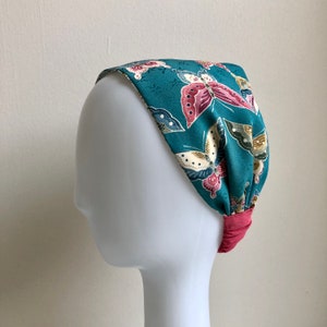 Kimono Wide Reversible Headband 5.5” wide Vintage Japanese Silk Hairband Elastic Back S to XL 1960’s Retro Floral/Butterflies on Teal Silk