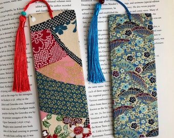 Japanese Cotton Bookmark Gift for Teachers Gift for Students Gift for Readers Sakura Floral Patches and Fans Print Satin Tassel Glass Bead