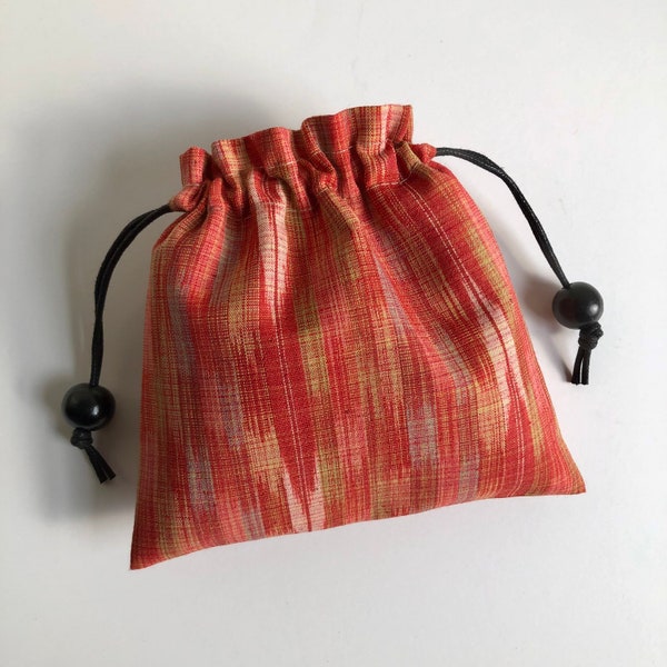 Japanese Ikat Kasuri Small Essentials Drawstring Pouch, Vintage Japanese Wool Kimono, Red Multi Colored Wool