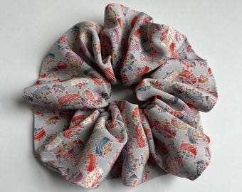 Kimono Silk Scrunchie: Hair Tie, Vintage Fabric, Colorful Thread Spools on Light Blue Gray Silk