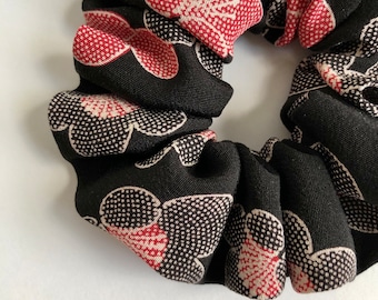 Kimono Scrunchie Choose Skinny, Small, Medium or Oversized Vintage Japanese Silk Gift for Women Pink White Ume Blossoms on Black Silk