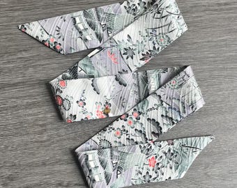 Kimono Silk Scarf: Floral Skinny Scarf, Hair Tie, Purse Accessory, Florals and Houses on Silver Gray Silk