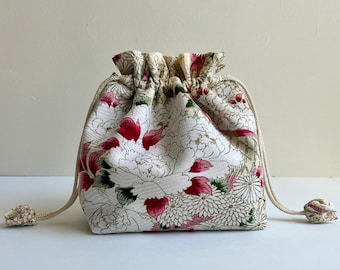 Kimono Kinchaku Bag, Vintage Japanese Fabric, Drawstring Purse, White Florals on Pale Yellow Silk, Peony, Plum Blossoms, Chrysanthemum