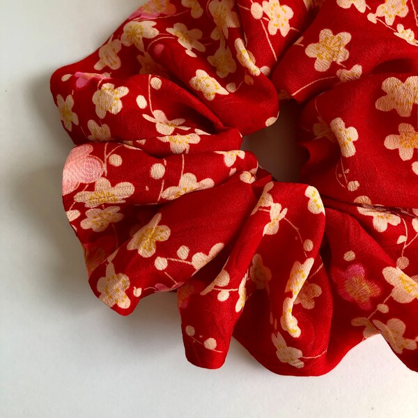 Kimono Silk Blend Scrunchie Handmade Gift for Women Handmade Gift for Her Vintage Japanese Silk Blend Pink & Blue Ume Plum Blossoms on Red