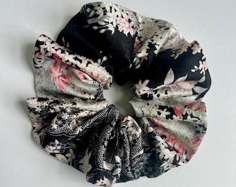 Kimono Silk Scrunchie: Hair Tie, Vintage Japanese Fabric, Florals and Lace on Black Silk, Silver Accents