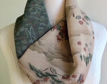 Kimono Scarf Twisted Infinity Scarf Vintage Japanese Silk Snood Gift for Women People of the Past on Beige Silk + Green Forest Chirimen Silk