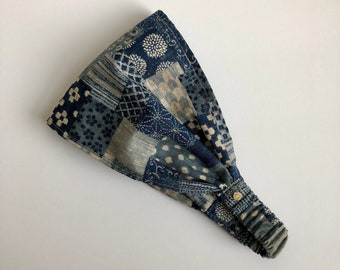 Men’s Headband Unisex Boho Style New Japanese Homespun Cotton Sizes S~XXL Made in USA Brown/Beige or Denim Blue Boro Patchwork Print Fabric