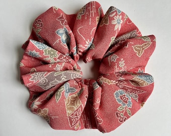 Kimono Silk Scrunchie: Hair Tie, Vintage Fabric, Florals on Komon Pattern Red Silk