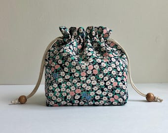 Kimono Kinchaku Bag, Vintage Japanese Silk, Drawstring Bag, Tiny Blossoms on Navy Silk