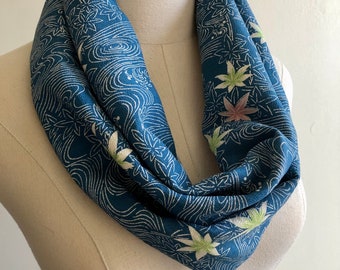 Kimono Scarf Twisted Infinity Vintage Silk Scarf Japanese Snood Mother's Day Gift Maple Leaves Steam on Blue + Blue White Patchwork Silk