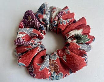 Kimono Silk Scrunchie: Hair Tie, Vintage Fabric, Florals on Coral Silk