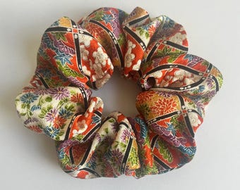 Kimono Silk Scrunchie: Hair Tie, Vintage Fabric, Florals and Lattice Shiny Silk