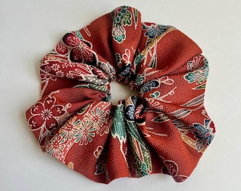 Kimono Silk Scrunchie: Hair Tie, Vintage Fabric, Colorful Cherry Blossoms on Rusty Reddish Brown Okinawa Bingata Chirimen Silk