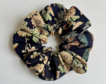Kimono Silk Scrunchie: Hair Tie, Vintage Japanese Fabric, Florals on Indigo Blue Chirimen Silk