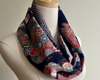 Kimono Silk Infinity Scarf: Twisted Snood, Handmade in USA, Japanese Florals on Navy Chirimen Silk + Purple Shibori Silk