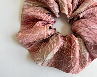 Kimono Scrunchie Handmade Hair Band Hair Cloud Chouchou Vintage Japanese Silk Grass Print on Dusty Pink to Gray Gradient Ombre Shiny Silk