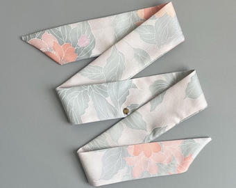 Kimono Silk Scarf: Floral Skinny Scarf, Hair Tie, Purse Accessory, Florals on Pink Gray Silk