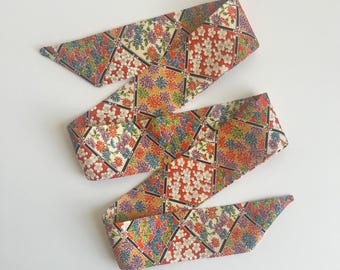 Kimono Silk Scarf: Floral Skinny Scarf, Hair Tie, Purse Accessory, Florals and Lattice Shiny  Silk