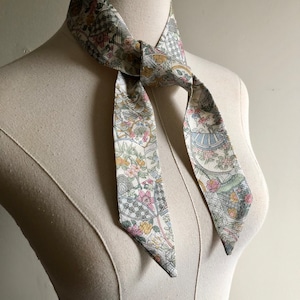 Kimono Silk Skinny Scarf Hair Tie Headband Purse Scarf Gift For Her Gift for Women Pastel Flowers on White Silk