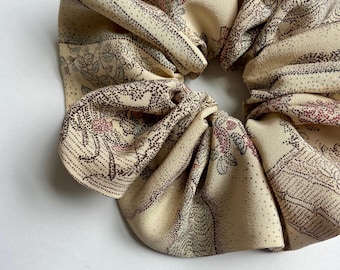 Kimono Silk Scrunchie: Hair Tie, Vintage Japanese Fabric, Dotted Florals on Light Beige Silk