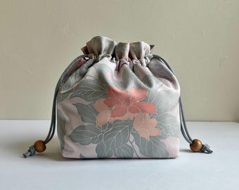 Kimono Kinchaku Bag, Vintage Japanese Fabric, Drawstring Purse, Florals on Pink Gray Silk