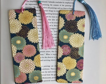 Japanese Cotton Bookmark Gift for Teachers Gift for Students Gift for Book Lovers Pastel Chrysanthemum Flower Print with Satin Tassel & Bead