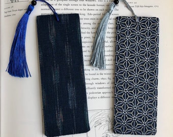 Japanese Cotton Bookmark Gift for Teachers Gift for Students Gift for Readers Book Lovers Indigo Blue Asanoha & Abstract Arrows Satin Tassel
