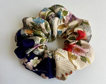 Kimono Silk Scrunchie: Hair Tie, Vintage Fabric, Florals on Deep Purple Silk, Plum Blossom and Peony