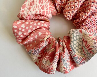 Kimono Silk Scrunchie: Vintage Floral Hair Tie Made of Three Fabrics, Floral and Shibori
