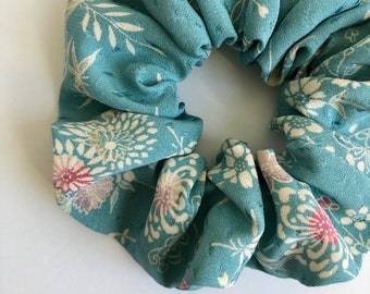 Kimono Scrunchie Choose Skinny, Small, Medium or Oversized Vintage Japanese Silk Gift for Women Floral Print on Light Blue Turquoise Silk