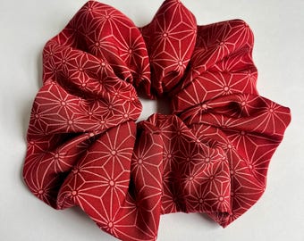 Kimono Silk Scrunchie: Hair Tie, Vintage Fabric, Abstract Asanoha Hemp Leaf Pattern Red Silk