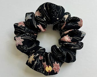 Kimono Scrunchie Silk Hair Tie Hair Cloud Chouchou Hair Band Gift for Women Vintage Japanese Silk Maple Leaves & Plum Blossoms on Black Silk