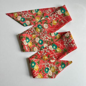 Kimono Scarf Silk Skinny Scarf Hair Tie Headband Ponytail Scarf Pony Scarf Purse Scarf Gift for Her Aqua Yellow White Florals on Coral Silk