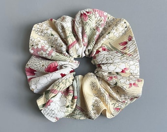 Kimono Silk Scrunchie: Hair Tie, Vintage Fabric, White Florals on Pale Yellow Silk, Peony, Plum Blossoms, Chrysanthemum